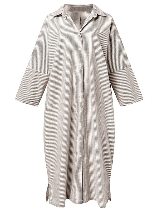 utcoco Womens Striped Long Sleeve Dress Casual Loose Button Down Cotton Maxi Shirt Dress (Large, Khaki) - Image 2